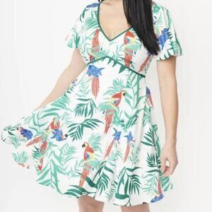 NWT Unique Vintage Parrot Print Poppy Flare Dress XS 2